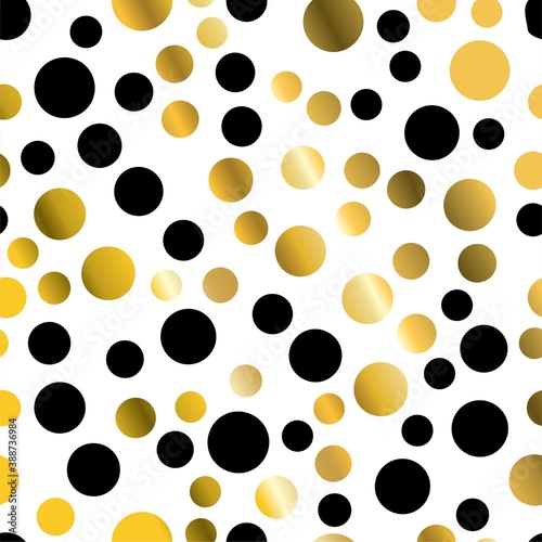Gold glittering polka dot seamless pattern on white background.