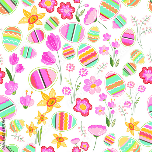 Floral seamless pattern with eggs, birds and stylized flowers. Endless texture for spring design, decoration, greeting cards, posters, invitations, advertisement.