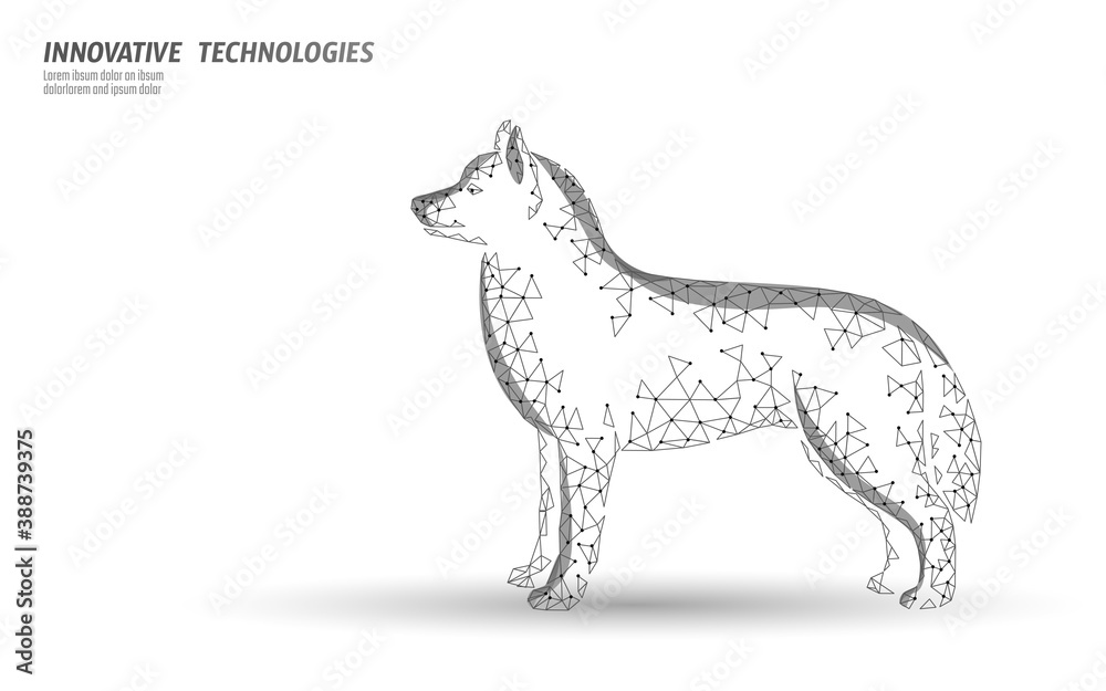 Veterinary clinic dog pet standing alone. Low poly polygonal 3D dog silhouette companion. Animal medical center banner template vector illustration