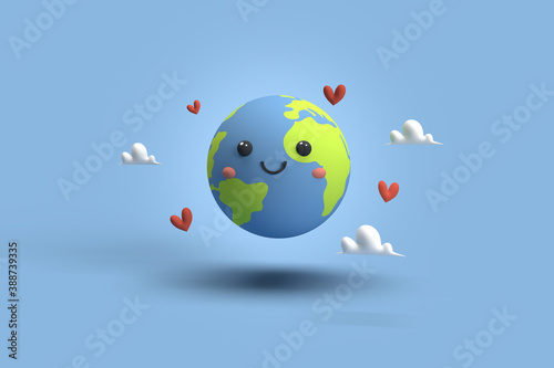 Fototapeta Naklejka Na Ścianę i Meble -  Illustration 3D d'une planète en bonne santé qui est souriante. Sur fond isolé bleu. concept de la vie, nature, bonheur, d'une terre saine, de l'espoir