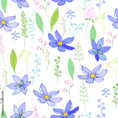 Seamless pattern with blue primroses. Endless texture for floral season design.