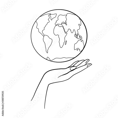 Vector hand drawn Earth day concept sketch. Human hands holding globe with background of stars. Lettering Earth day