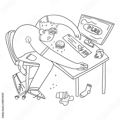 Sweaty guy sitting hunched over on a chair, sketch