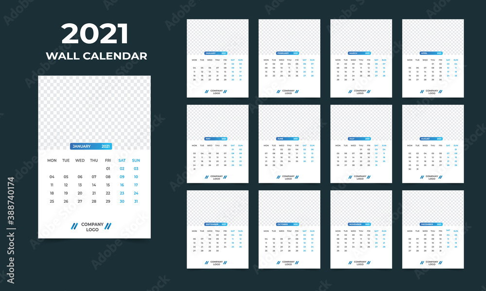 2021 wall calendar design. Set of 12 months. Week starts Monday.Ready for print. 2021 wall calendar design. Set of 12 months. Week starts Monday.Ready for print.