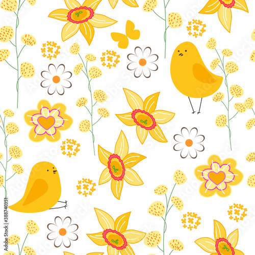 Seamless pattern with stylized cute yellow daffodils. Endless texture for your design  greeting cards  announcements  posters.