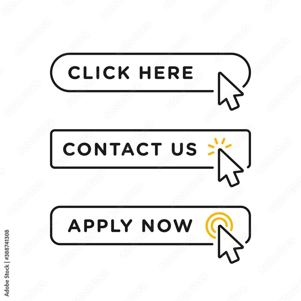 Click here, contact us and apply now blank button in line style design with various arrow pointer cursor Click here, contact us and apply now blank button in line style design with various arrow pointer cursor