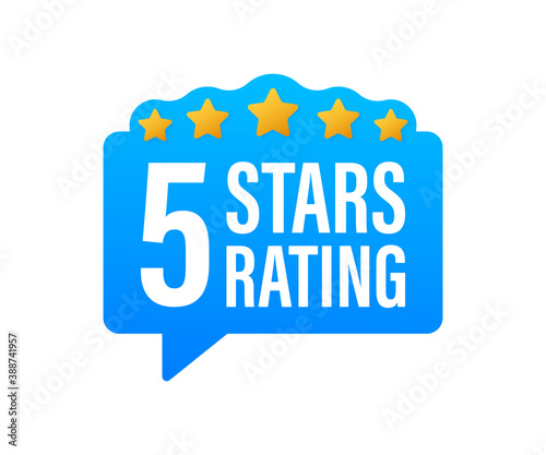 5 star rating. Badge with icons on white background. Vector illustration.