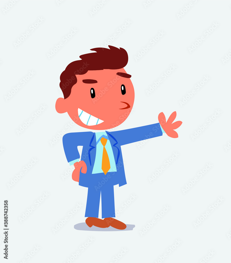 Pleased cartoon character of businessman points to something Pleased cartoon character of businessman points to something