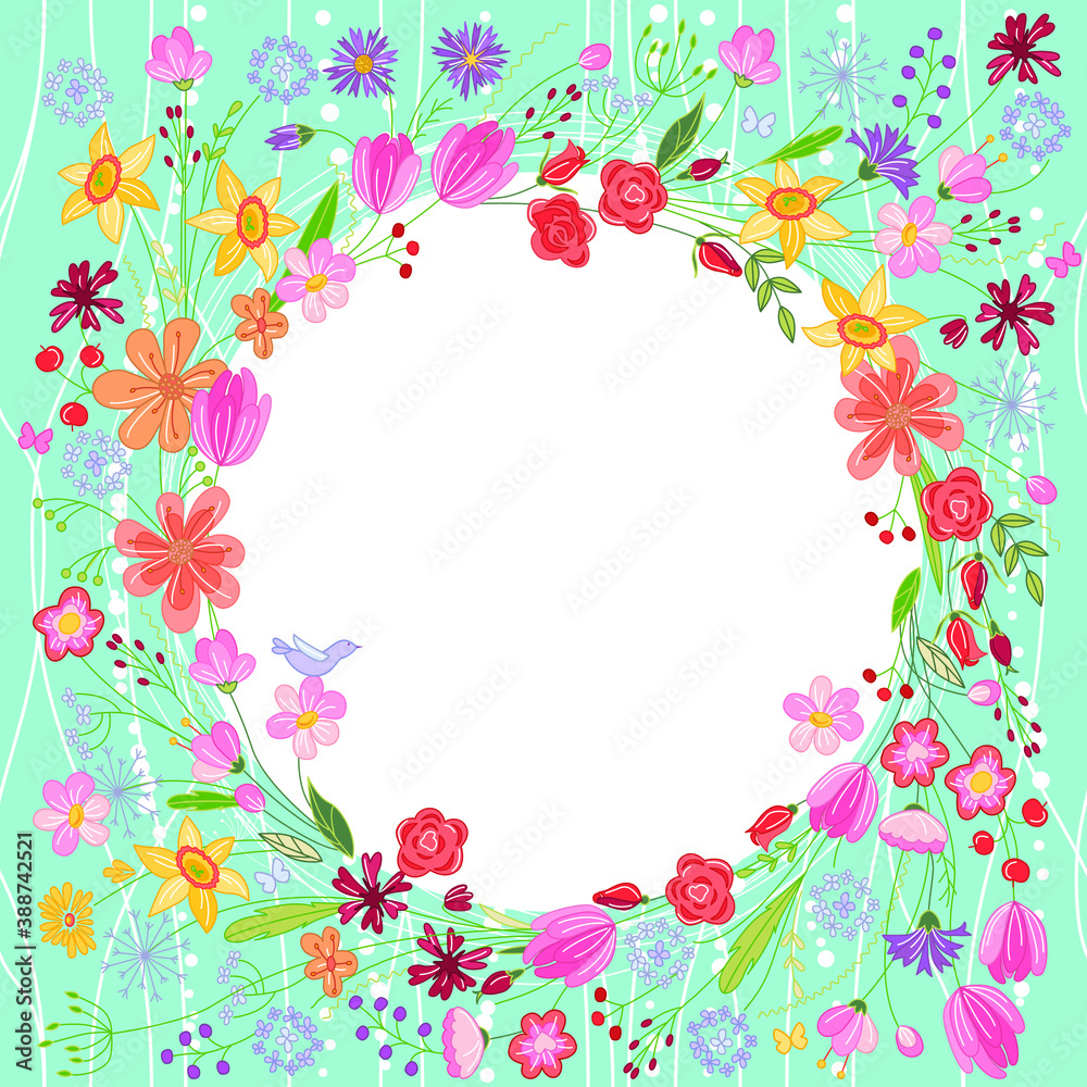 Greeting card with wreath of different flowers