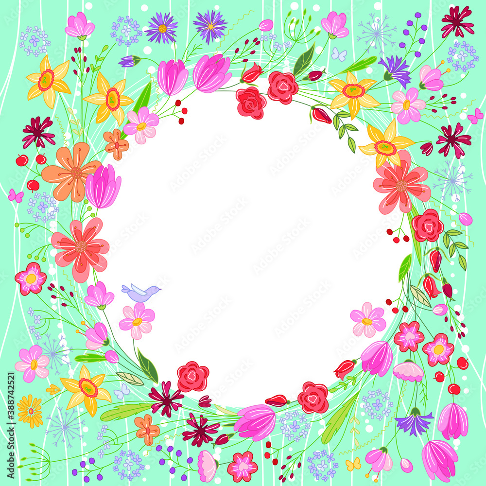 Greeting card with wreath of different flowers Greeting card with wreath of different flowers