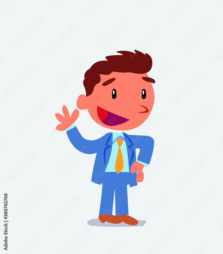  cartoon character of businessman waving happily.
