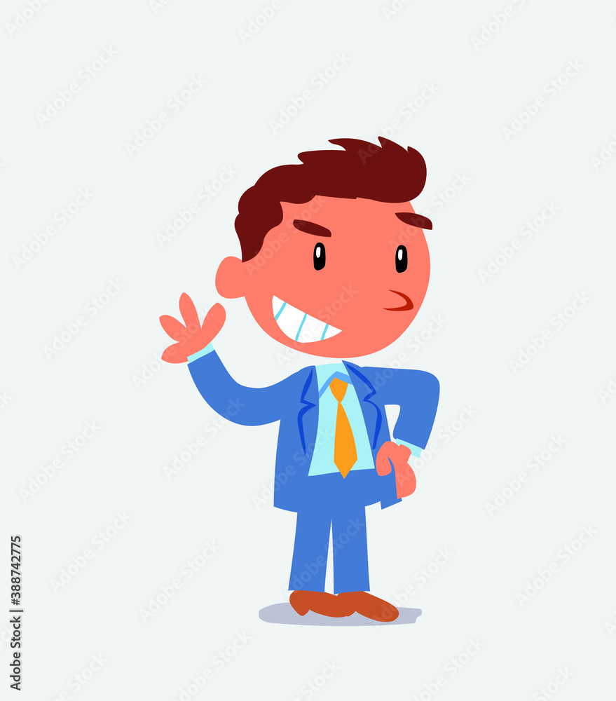  cartoon character of businessman waving while smiling