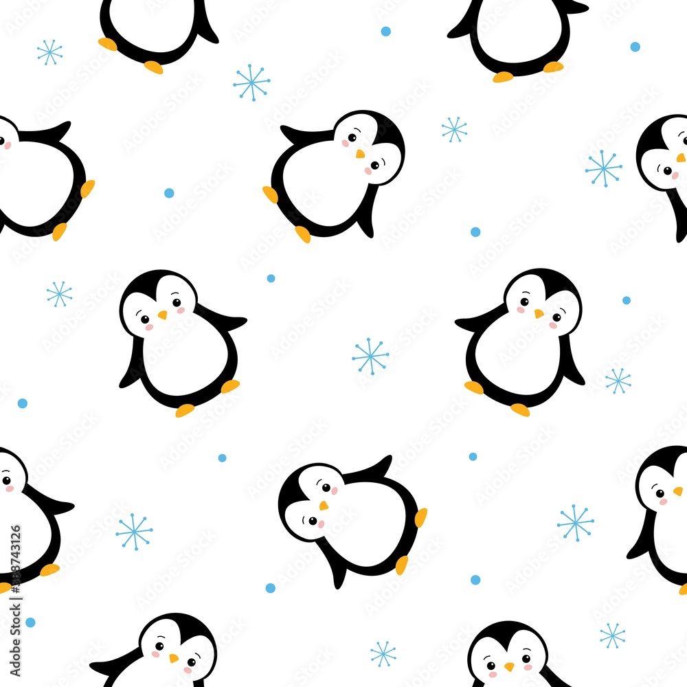 Fototapeta premium The vector pattern with cartoon cute penguins and snowflakes on white background
