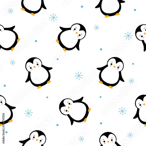 The vector pattern with cartoon cute penguins and snowflakes on white background