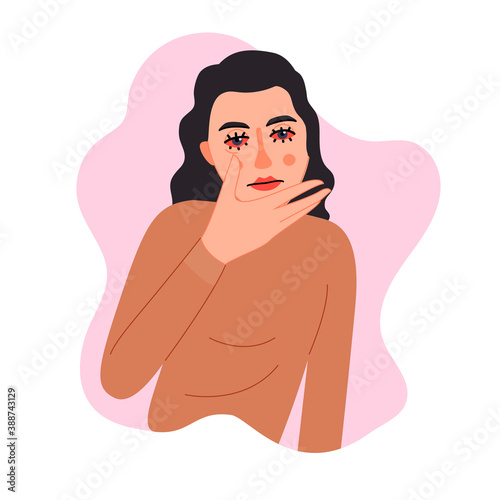 Isolated on white woman suffering from red eye symptom vector illustration. Allergic reaction, stress, lack of sleep  design element. Medical ophthalmic symptom in cartoon style. Eye care.