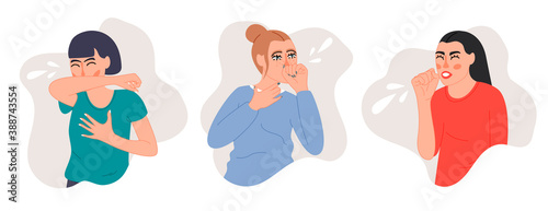 Isolated on white female character coughs and sneezes vector illustration. A symptom of flu, cold, SARS and virus design element. Allergic reacton  in cartoon style. photo