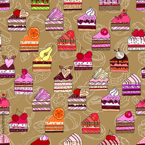Seamless pattern with cakes. Different taste and color.