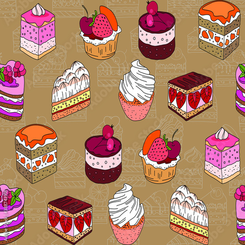 Seamless pattern with cakes. Different taste and color.