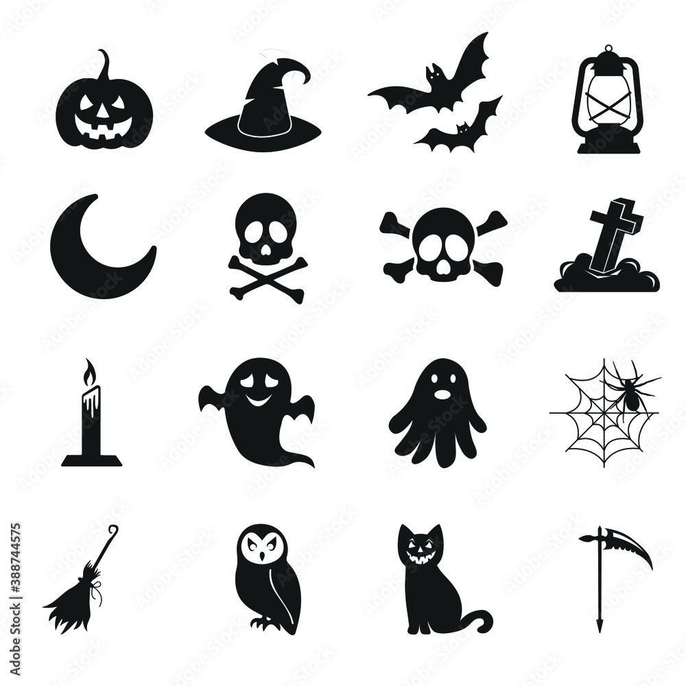 Halloween vector icons set, simple silhouette of 16 icons.