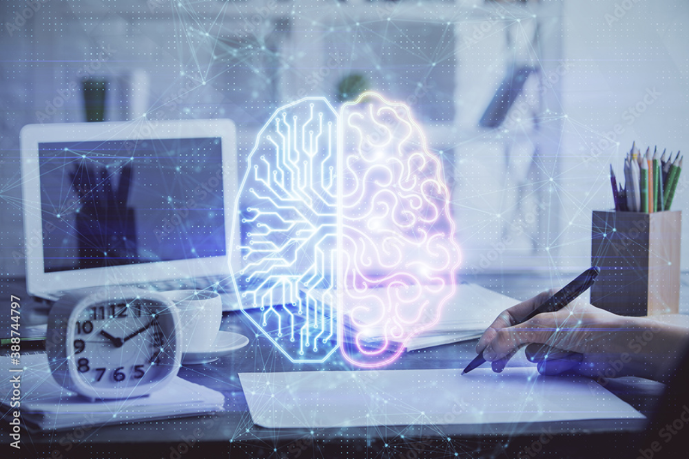 Obraz premium Multi exposure of writing hand on background with brain hologram. Concept of learning.