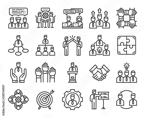 Business teamwork line icons, Contains such Icons as Collaboration training, leader, people, meeting, Outline icons collection. Simple vector illustration.