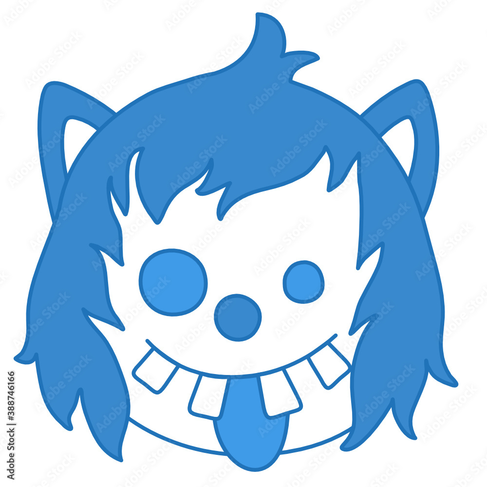 goofy smiling wolf with crooked teeth, differently sized eyes, stupid look, sticking out tongue and silly dumb face, simplistic facial expression vector illustration, circle or ball shaped character goofy smiling wolf with crooked teeth, differently sized eyes, stupid look, sticking out tongue and silly dumb face, simplistic facial expression vector illustration, circle or ball shaped character