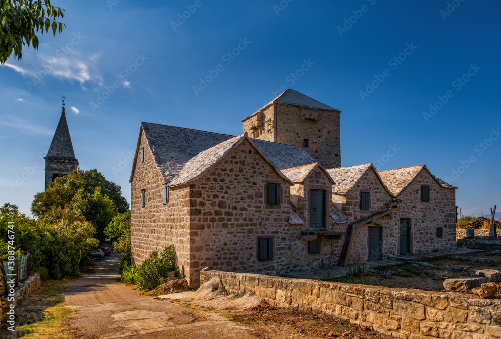 old stone house in the village Skrip on Brac island in Croatia. August 2020