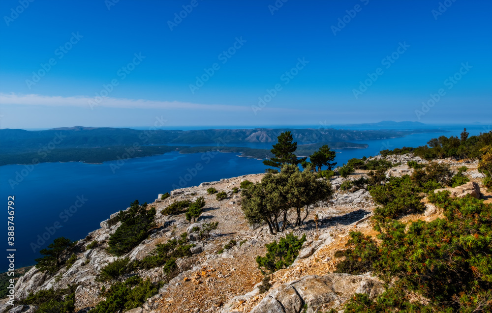Panoramic top view on beach Zlatni Rat from mountain Vidova Gora. Croatia, Brac island, august 2020. Panoramic top view on beach Zlatni Rat from mountain Vidova Gora. Croatia, Brac island, august 2020.