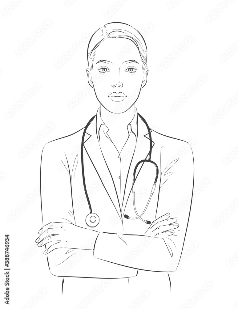 Portrait of Doctor with face mask, medical gloves crossed arms. Female nurse character wearing white coat, stethoscope, protective PPE. Vector sketch line illustration Portrait of Doctor with face mask, medical gloves crossed arms. Female nurse character wearing white coat, stethoscope, protective PPE. Vector sketch line illustration