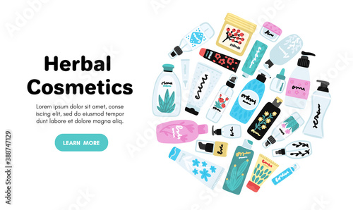 Vector cosmetic products. Natural cosmetics. Beauty care. Many jars and bottles. Facial skin care. Online store. Landing page template. Background is for banner, header, advertising, mailing list