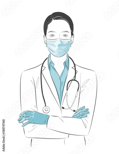 Portrait of Doctor with face mask, medical gloves crossed arms. Female nurse character wearing white coat, stethoscope, protective PPE. Vector sketch line illustration