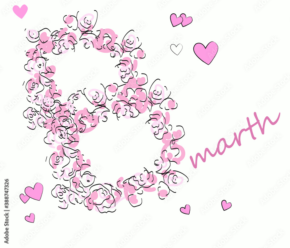 Women's day 8 March, number in the form of flowers, vector, banner, pink color