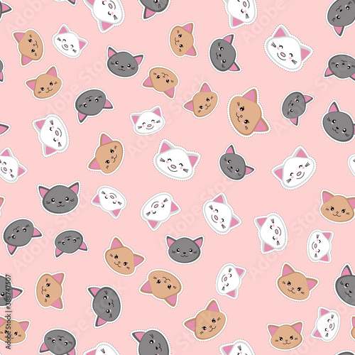 Cute kawaii kittens seamless pattern. Cat heads on a pink background. Vector illustration.