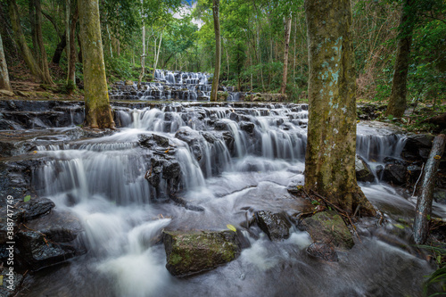 Three stage waterfall is the beautiful small waterfall in the deep jungle of Thailand.