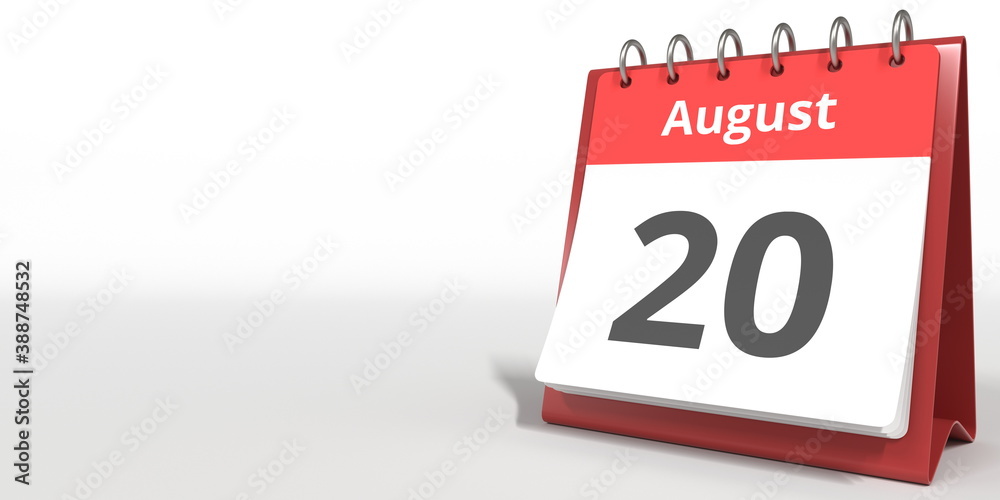 August 20 date on the flip calendar page, 3d rendering August 20 date on the flip calendar page, 3d rendering