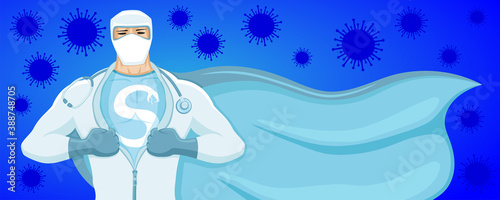 Illustration with super doctor in protective mask and with stethoscope on blue background.