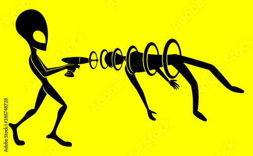 Extraterrestrial alien abducts a person on a yellow background.