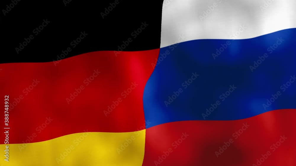German and Russian Flags waving in the wind.Angela Merkel and Vladimir Putin.Berlin against Moscow. German and Russian Flags waving in the wind.Angela Merkel and Vladimir Putin.Berlin against Moscow.