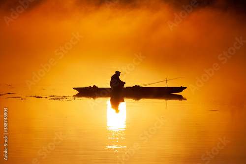 Silhouette Fisherman Fishing Rod Wooden Boat Sunrise Fog River
