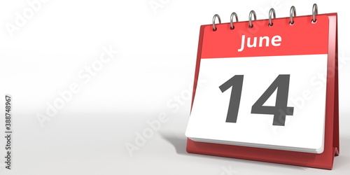 June 14 date on the flip calendar page, 3d rendering
