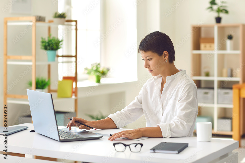 Young business woman sitting and working on laptop in office Young business woman sitting and working on laptop in office