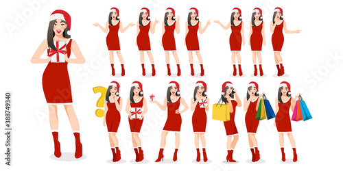 Christmas girl group in red dress style cartoon character set different gestures isolated. Merry Christmas and Happy new year concept vector illustration