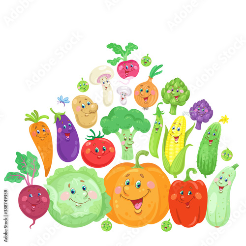 A pyramid of funny vegetables. In cartoon style. Isolated on white background. Vector flat illustration. Place for text.