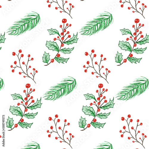 Merry Christmas and happy new year festival with Christmas plant watercolor pattern vector