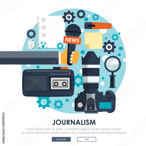 Independent journalism flat banner. Equipment for journalist. Flat vector illustration photo