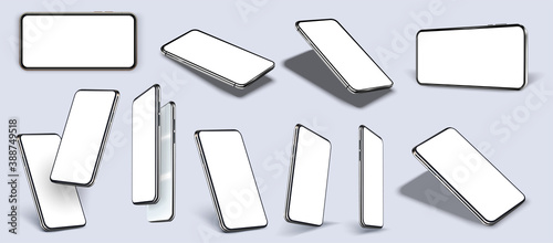 Realistic smartphone. Mobile phone mockup with blank screen in different isometric perspective. Vector smartphones set.Template for infographics or presentation 3D realistic phones.