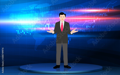  broadcaster on the blue stand with lcd background in the the news studio room