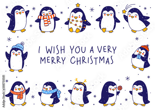 Cute little penguins isolated on white background - cartoon characters horizontal frame for funny Christmas and New Year holidays greeting card and poster design