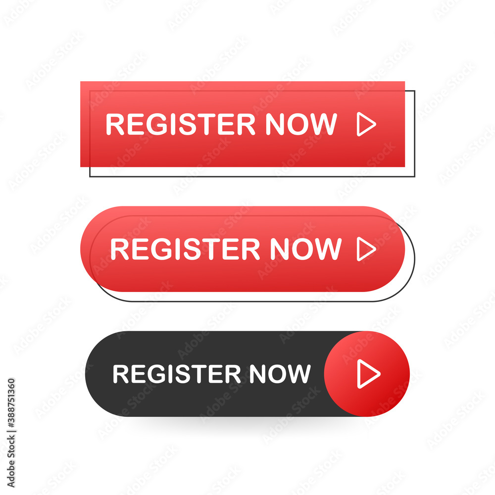 Set Register now button. Internet icon. Pointer click icon. Vector stock illustration. Set Register now button. Internet icon. Pointer click icon. Vector stock illustration.