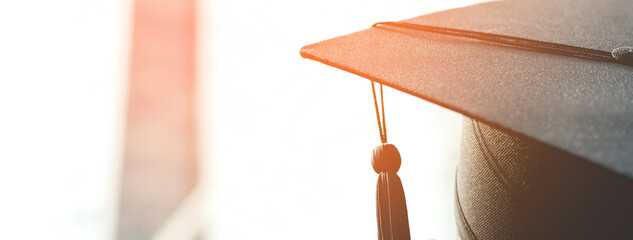 graduation, close up student hats in during commencement success graduates of the university, Concept education congratulation. copy space banner.